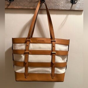Michael Kors Marie Large Leather and Canvas Cage Tote EUC